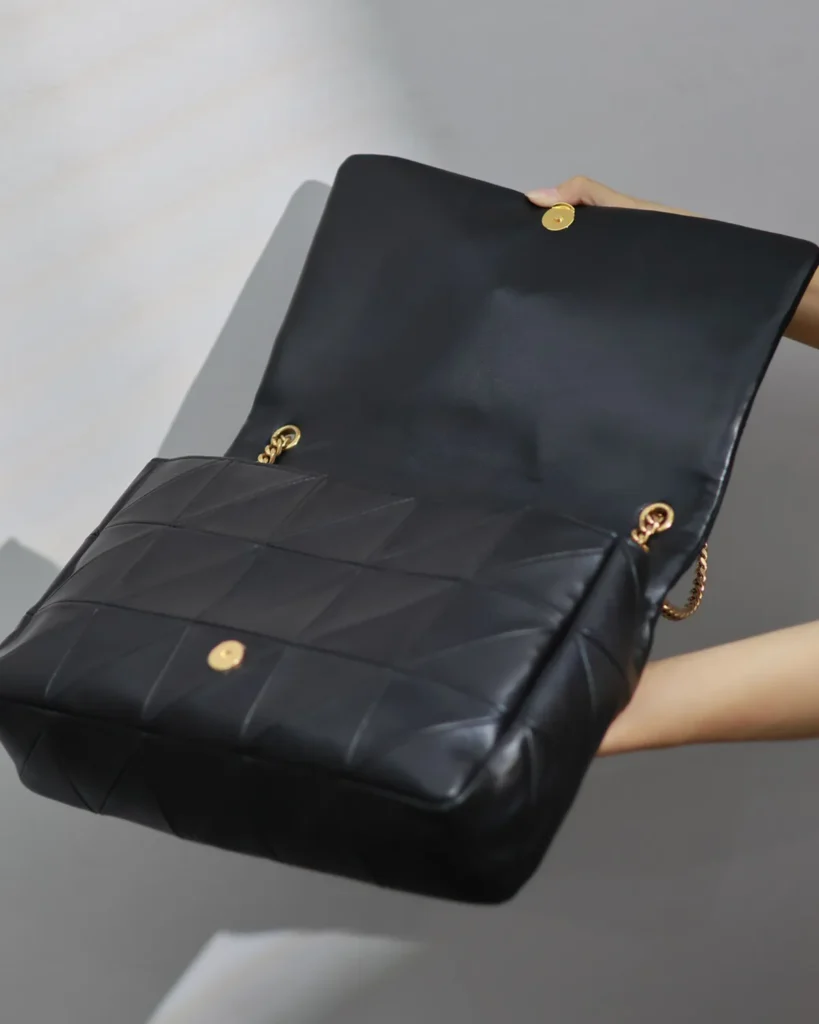 Black Geometric Quilted Flap Bag — open flap view