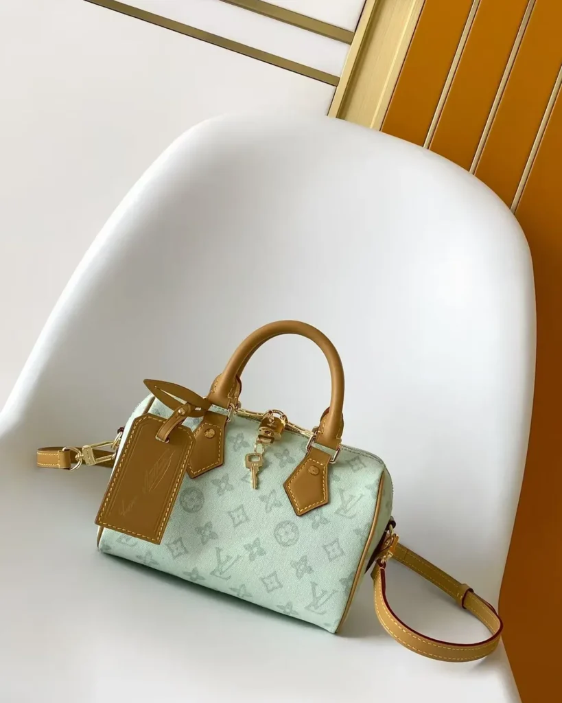 Pale Green Monogram Boston Bag — angled view