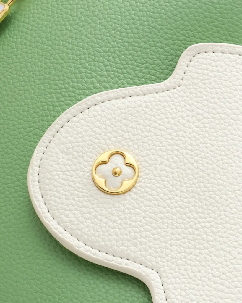 Green Cream-Accent Charm-Chain Bag — flap detail view