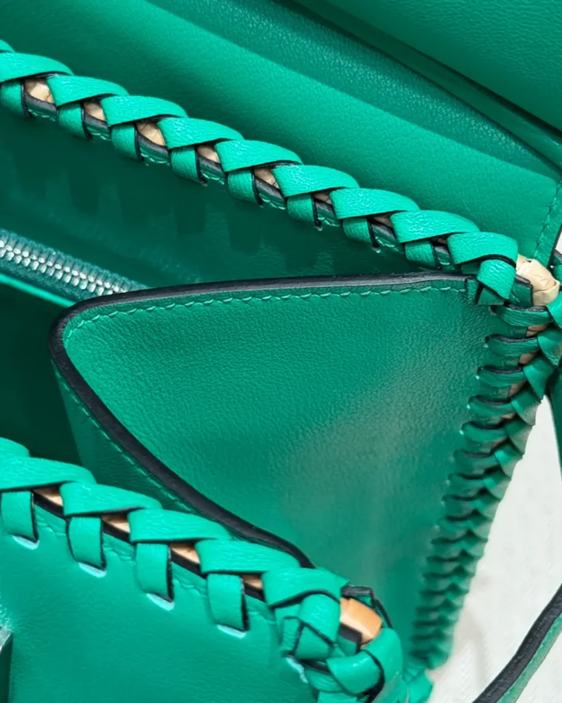 Birkin-Inspired 25 Green Woven Picnic Tote, interior upper edge