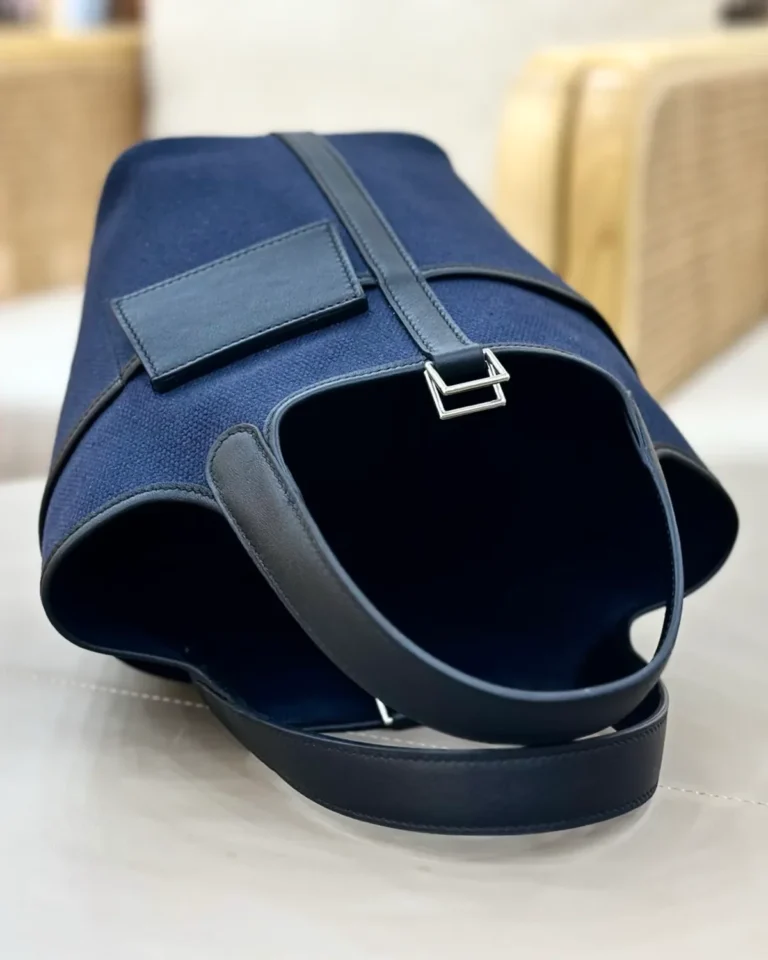 Picotin-Inspired Navy Textured Bucket Tote, open bucket viewed from above