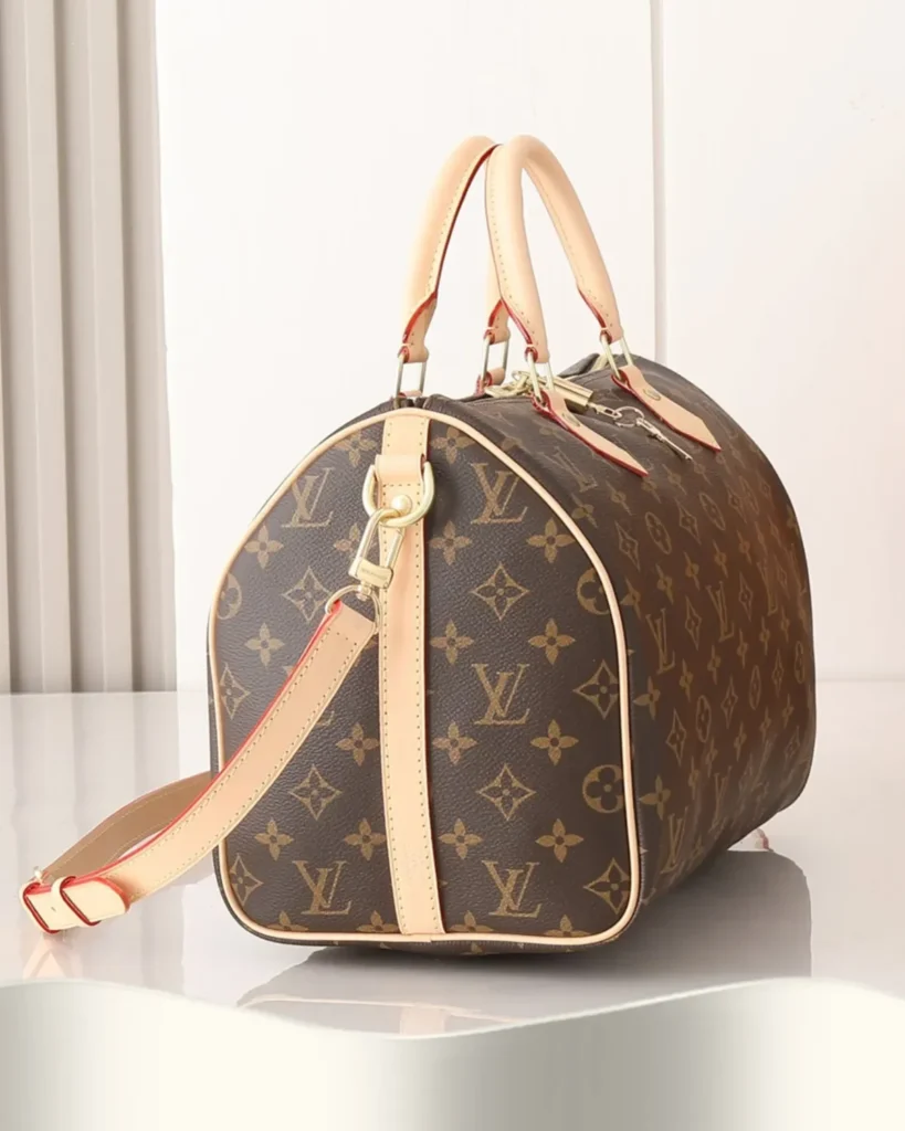 Brown Monogram Speedy-Inspired Boston Bag — three quarter view