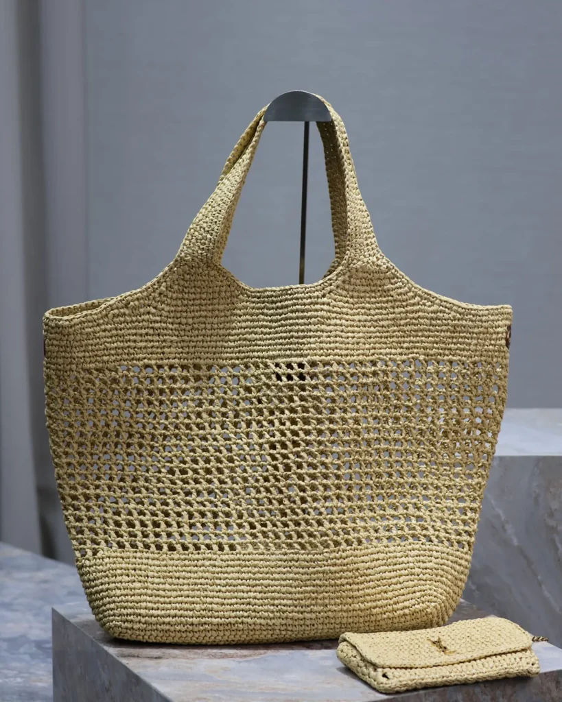 Natural-Tone Open-Weave Tote with Pouch — back view