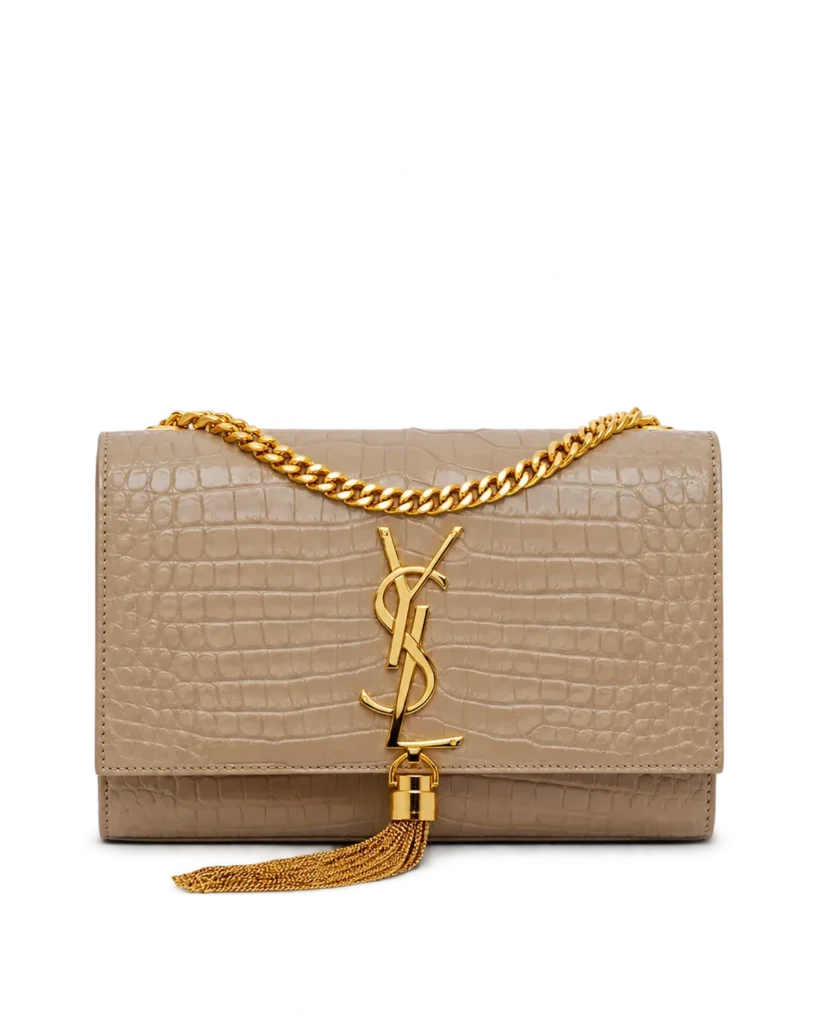 Taupe Embossed Tassel Chain Bag — front view