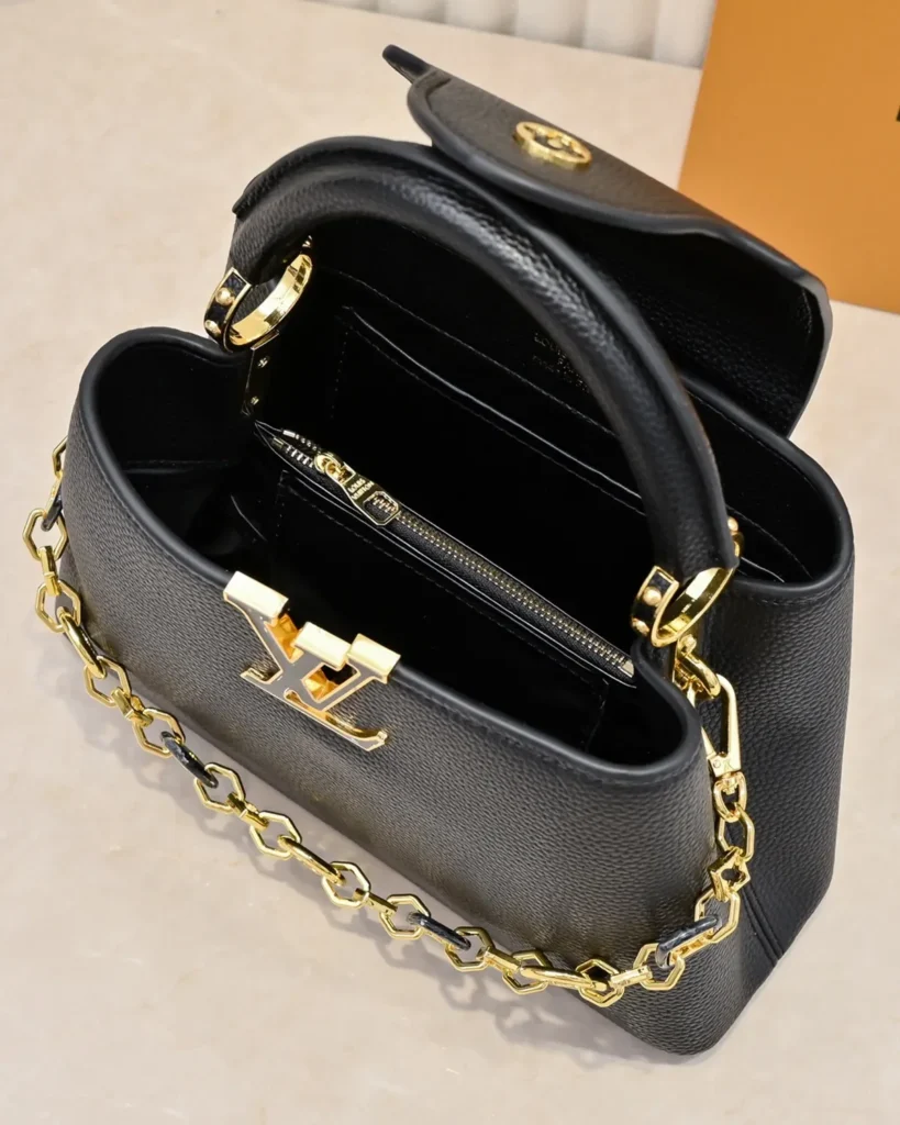 Black Floral-Chain Top-Handle Bag — interior view