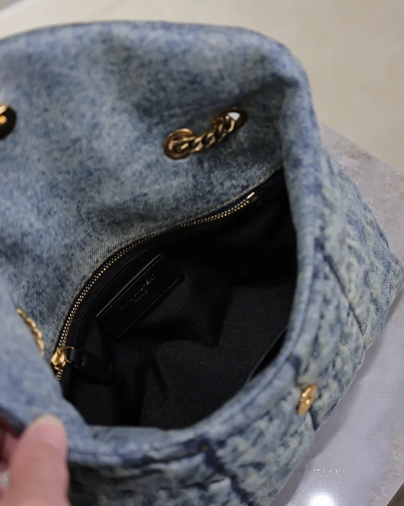 Washed-Blue Quilted Flap Bag — interior view