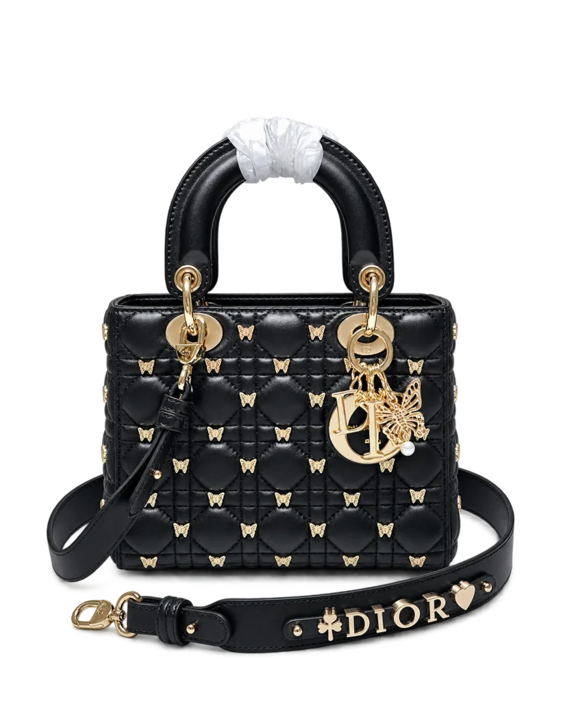 Black Butterfly-Embellished Top Handle Bag — upright front view