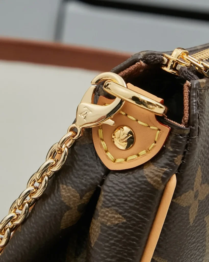 Brown Monogram Gold-Plate Chain Clutch — chain clip view