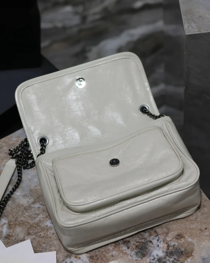 Ivory Crinkled Chevron Chain Bag — open flap view
