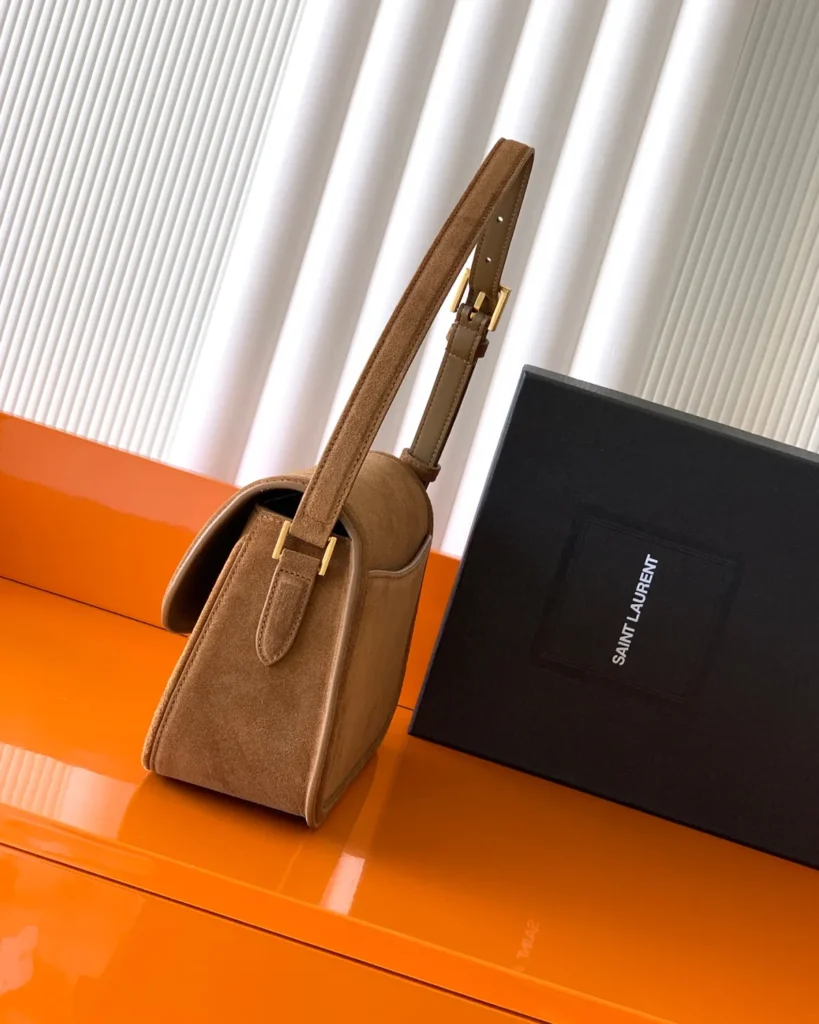 Tan Textured Curved-Flap Shoulder Bag — side view