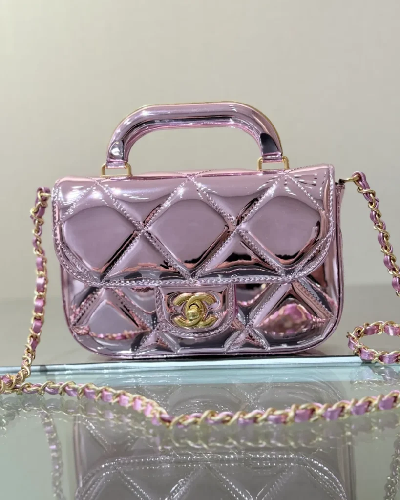 Metallic Pink Quilted Top-Handle Bag — front view