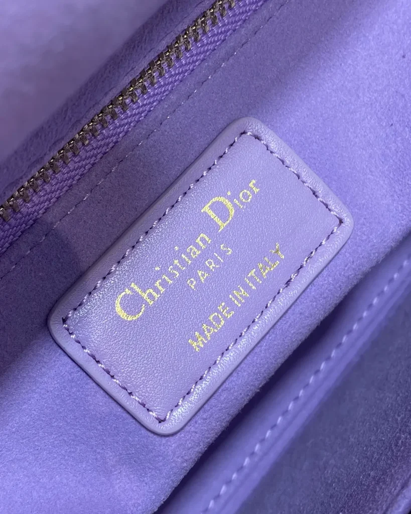Lilac Quilted Top Handle Bag — interior label view
