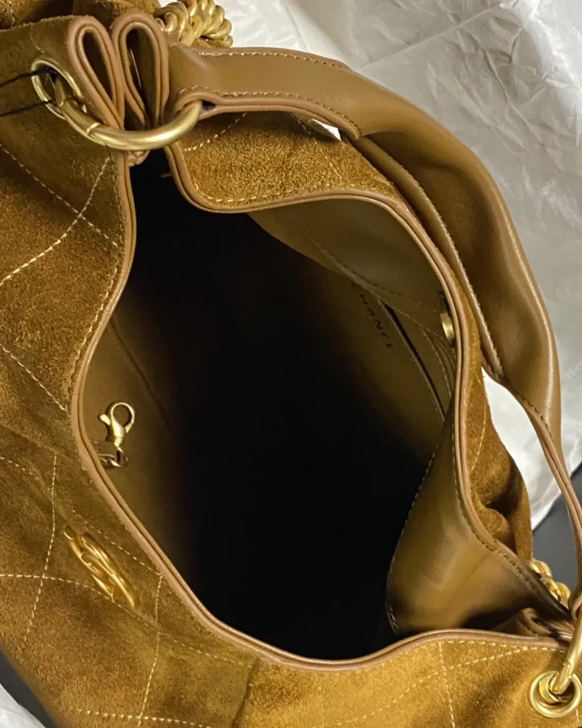 Brown Diamond-Stitched Chain Hobo Bag — open top view