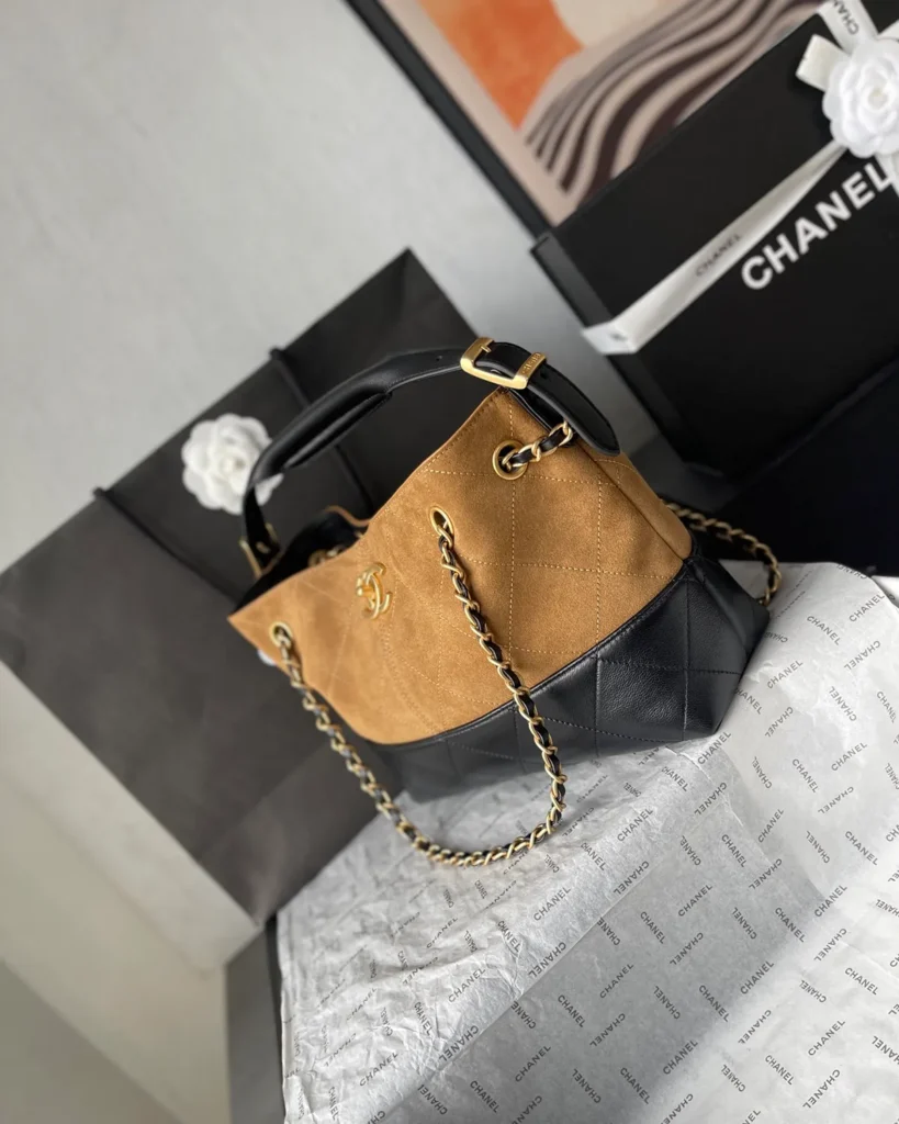 Tan and Black Quilted Chain Tote — side view