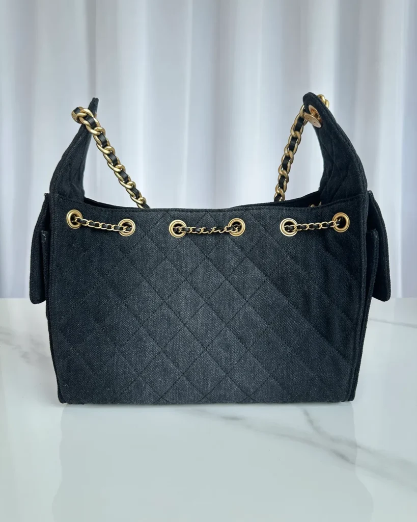 Dark Navy Quilted Chain Drawstring Tote — rear view