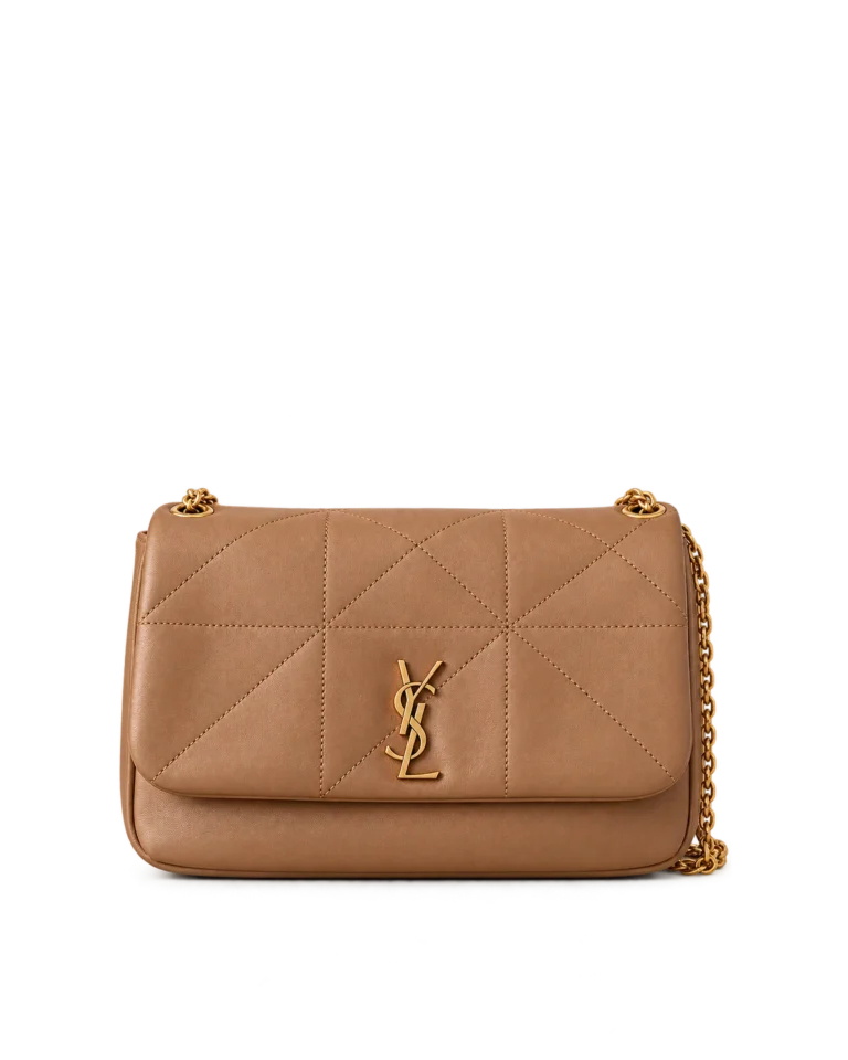Upright front view of a caramel geometric-quilted flap bag with a gold-tone monogram and shoulder chain