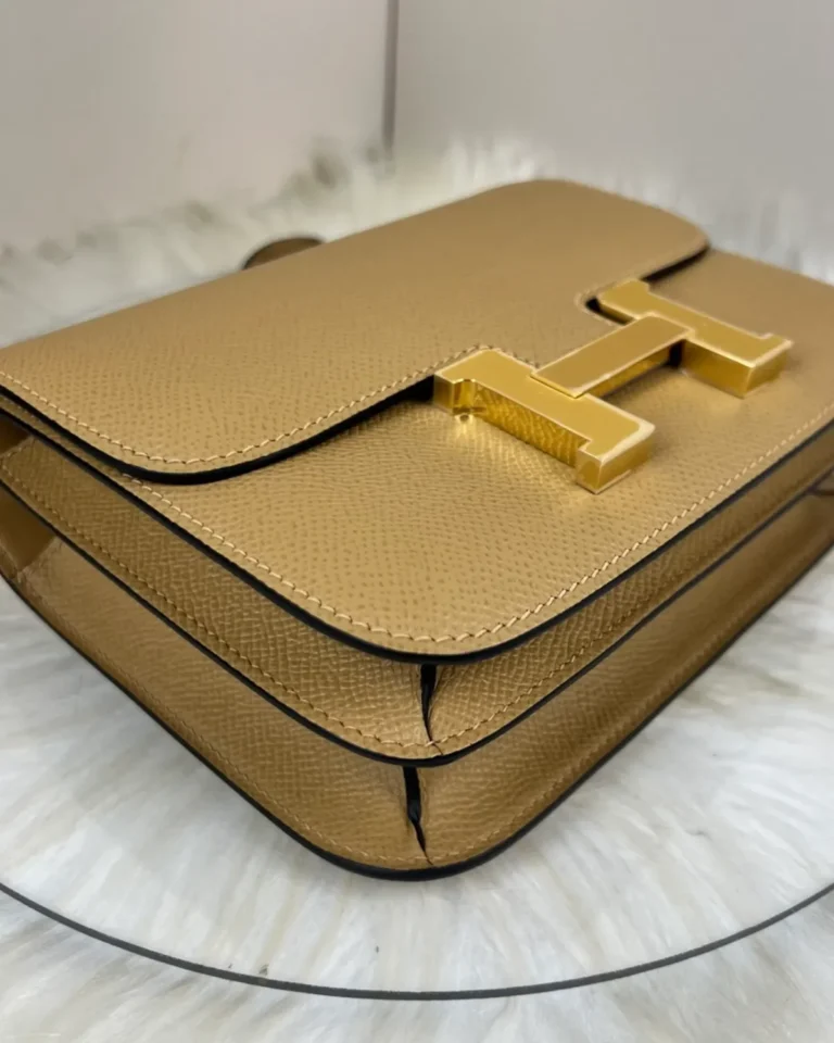 Kraft Tan constance-inspired mini 18 bag, base angle view