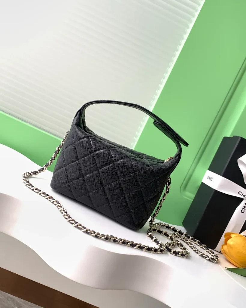 Black Quilted Short-Handle Shoulder Bag — rear view