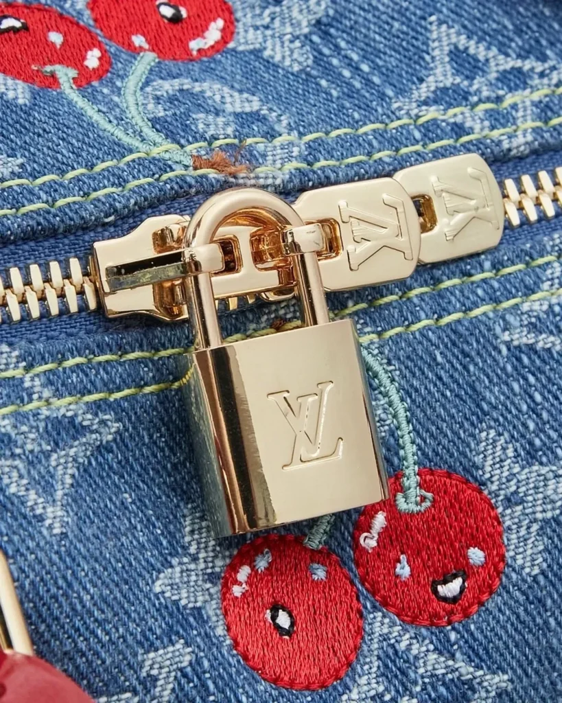 Cherry Denim Blue Speedy-Inspired Handbag — zipper padlock detail view