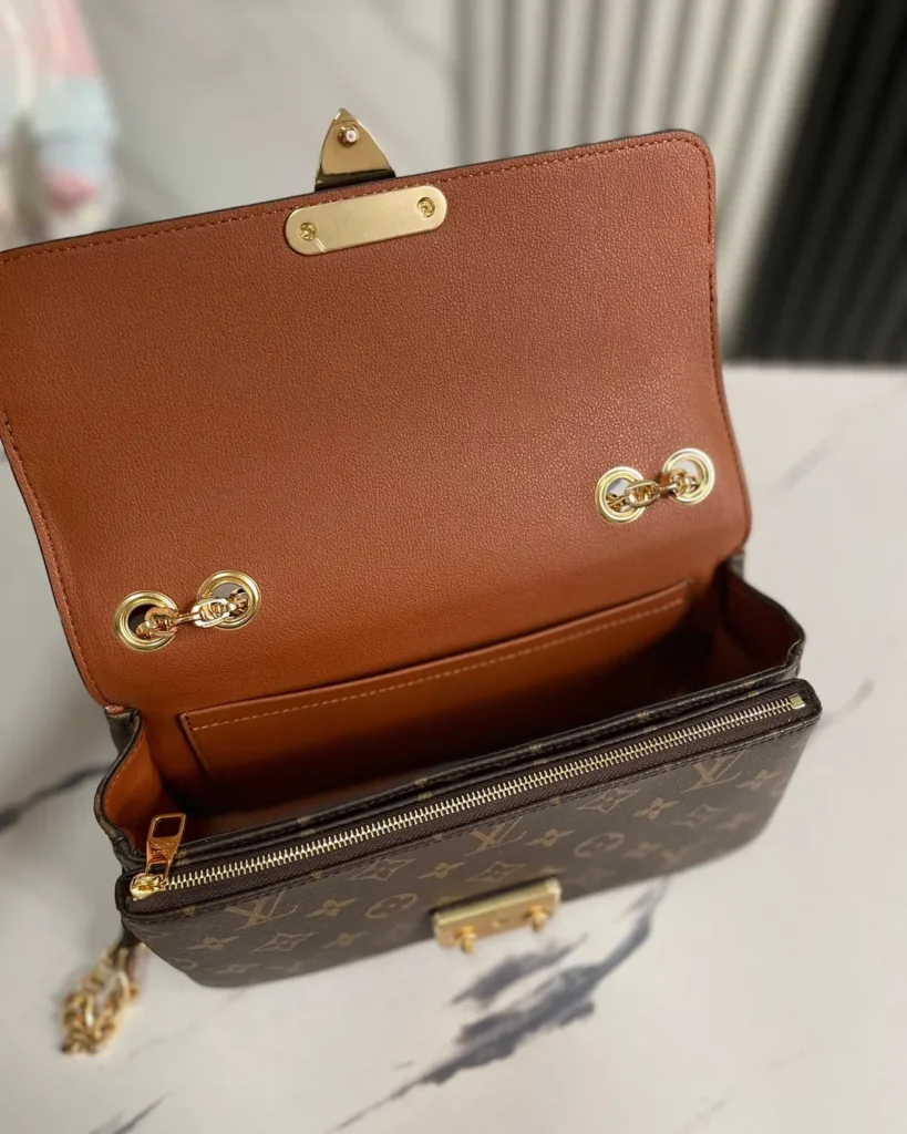 Brown Monogram Caramel Chain Flap Bag — open flap view