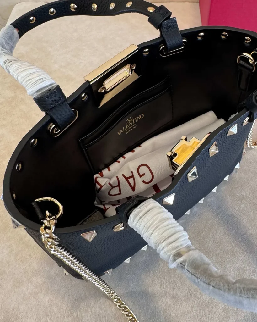 Black Studded Border Top-Handle Tote — interior view