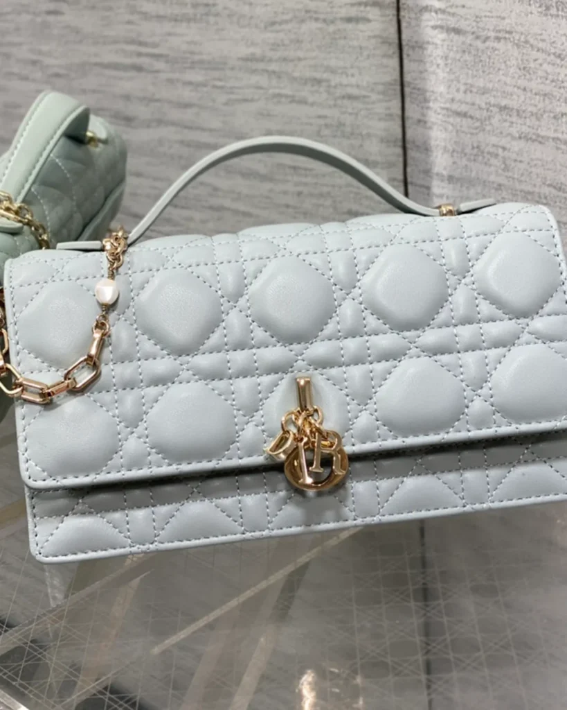 Pale Blue-Gray Quilted Top Handle Flap Bag — front view