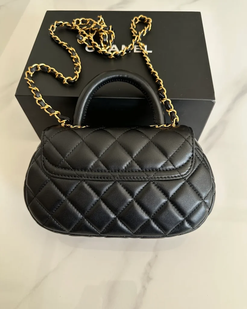 Black Rounded Quilted Top-Handle Bag — rear view
