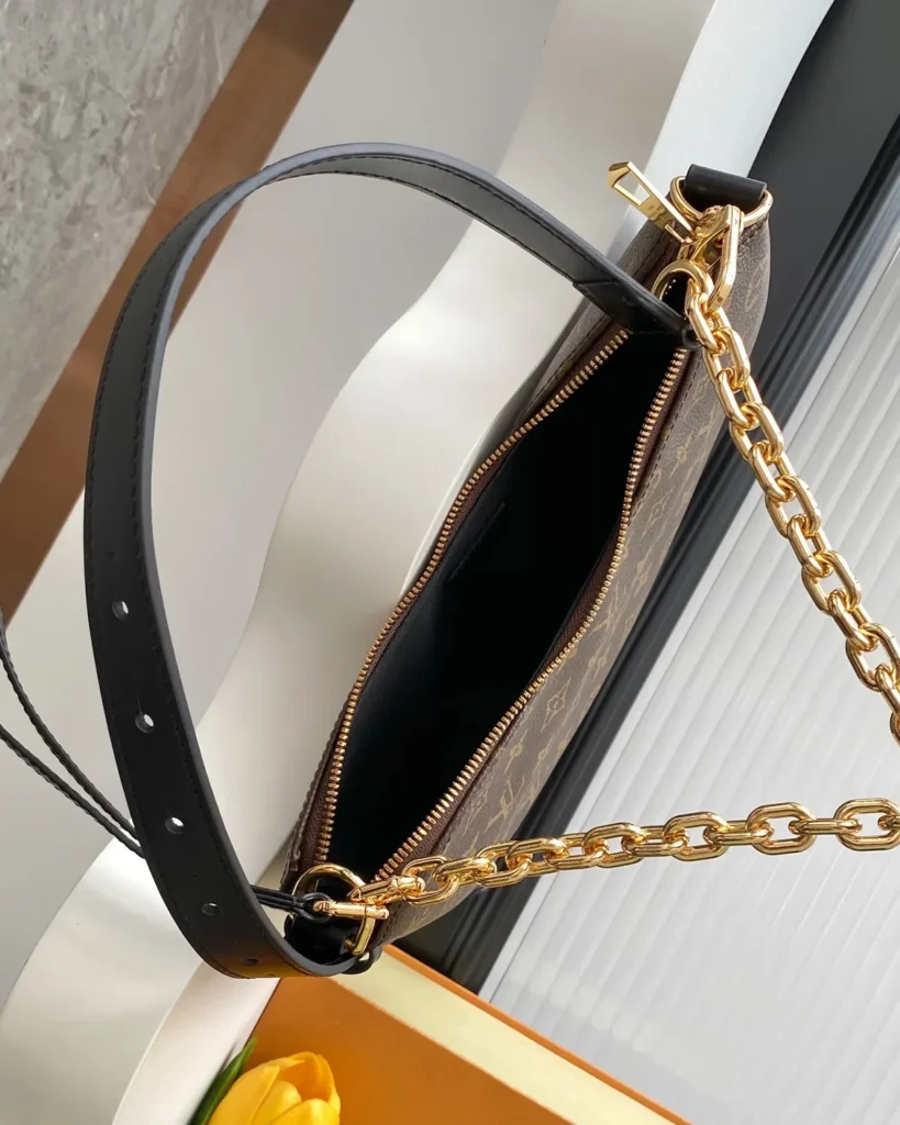 Brown Monogram Crescent Chain Hobo — open top view
