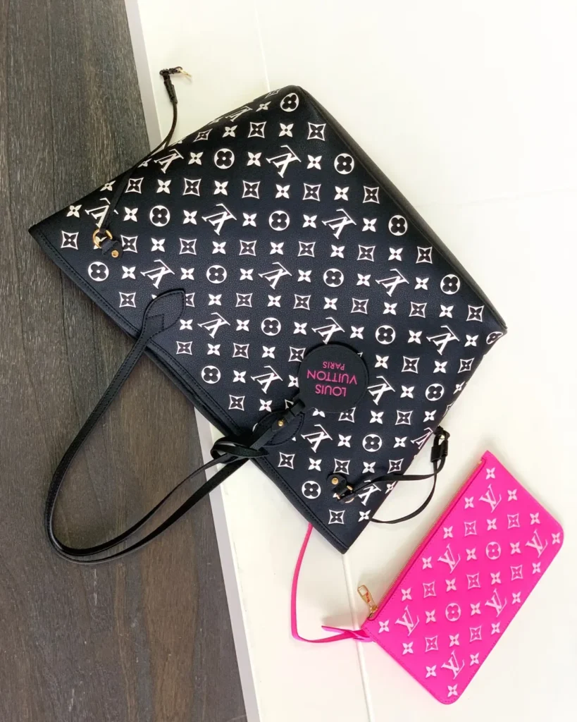 Black and White Monogram-Style Tote — pink pouch display view