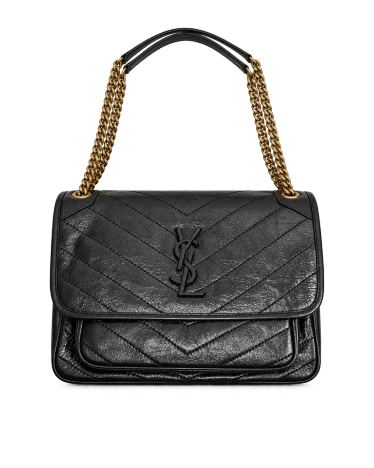 Black Crinkled Chevron Flap Shoulder Bag — upright front view