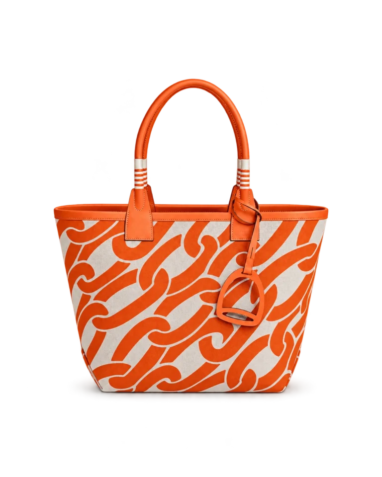 Upright front view of an orange patterned canvas tote with orange leather handles and a stirrup-shaped charm