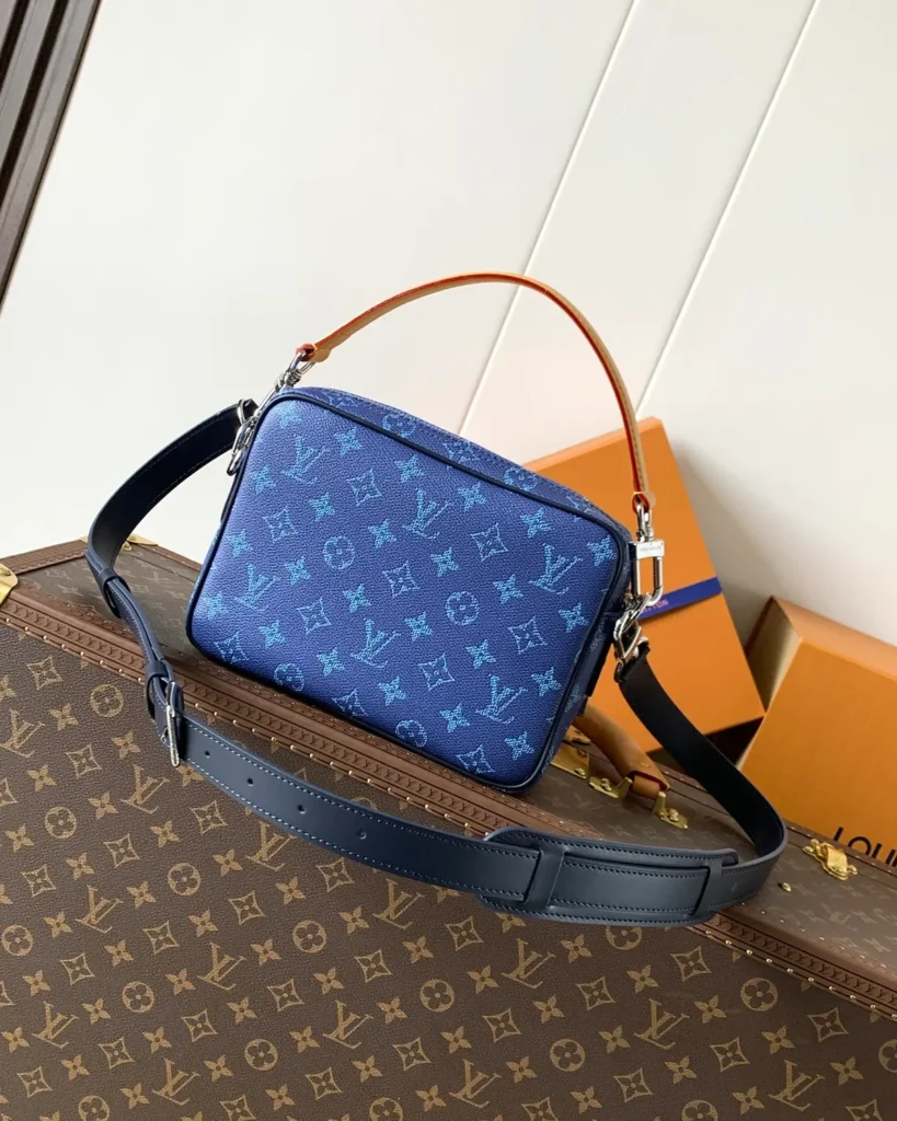 Blue Monogram Dual Zip Camera Bag — rear view