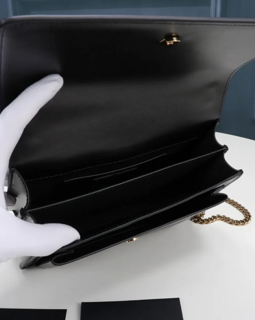 Black Accordion Chain Flap Bag — interior view