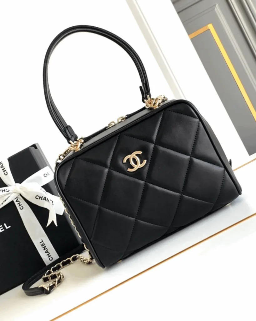 Black Quilted Bowling Bag — angled front view