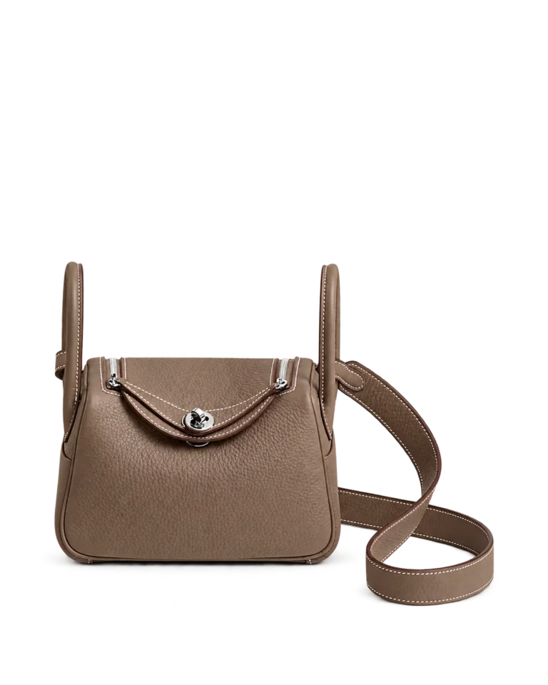 Lindy-Inspired Mini Taupe Crossbody Bag, front with extended strap
