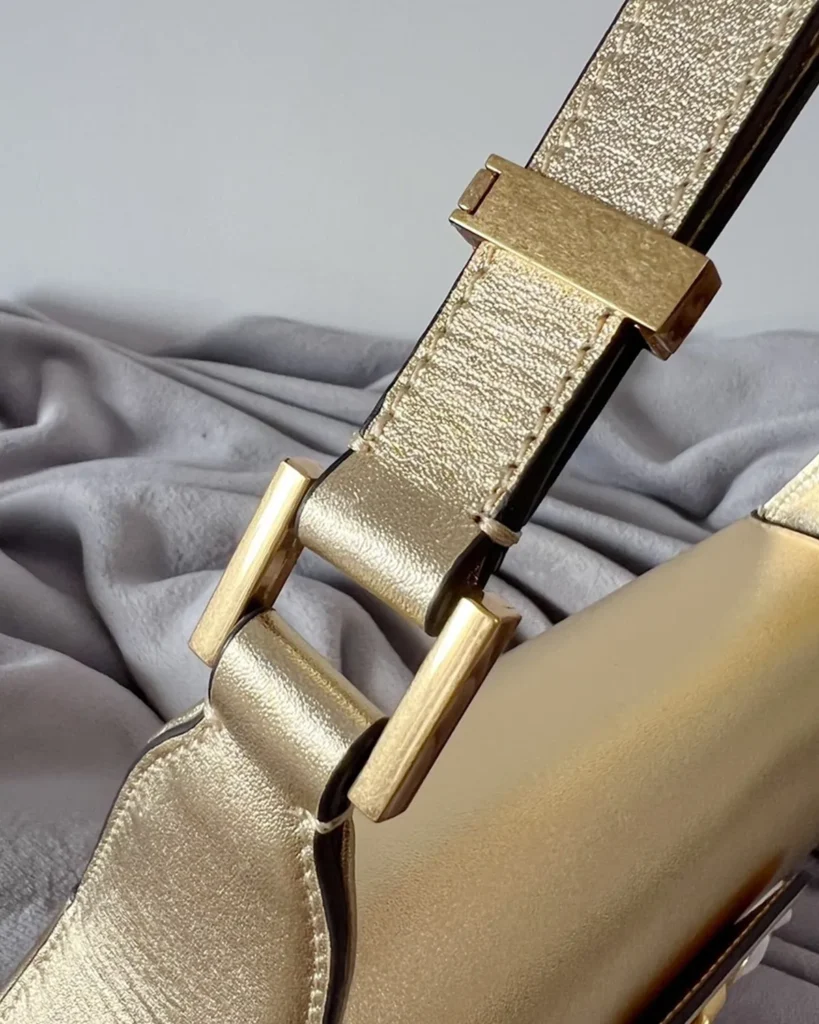 Metallic Gold-Tone Chain-Detail Shoulder Bag — strap detail view
