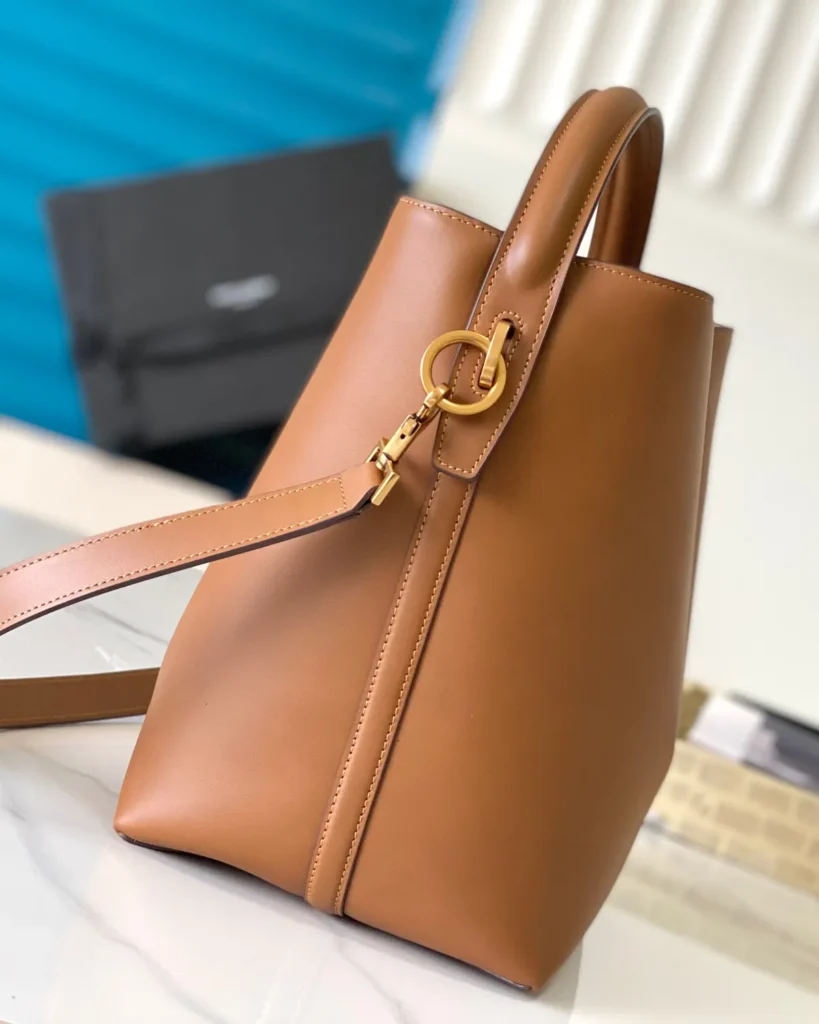 Tan Curved-Top Bucket Bag — side view