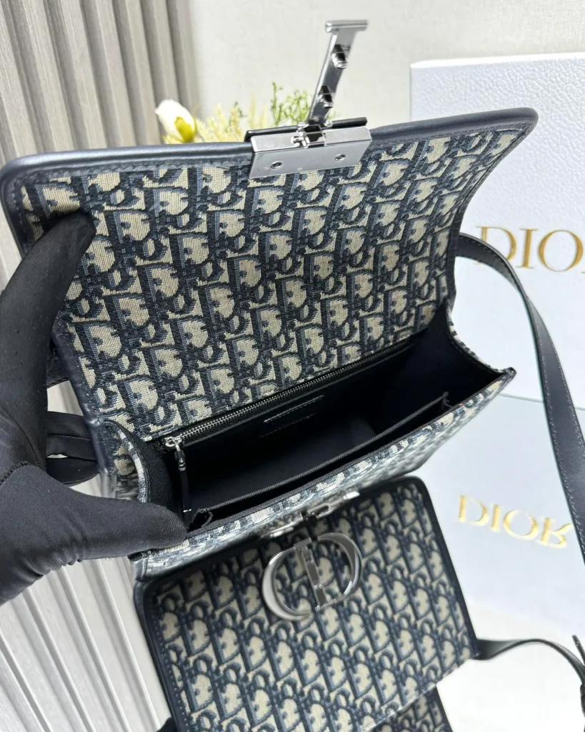 Navy Monogram Box Flap Bag — open flap view