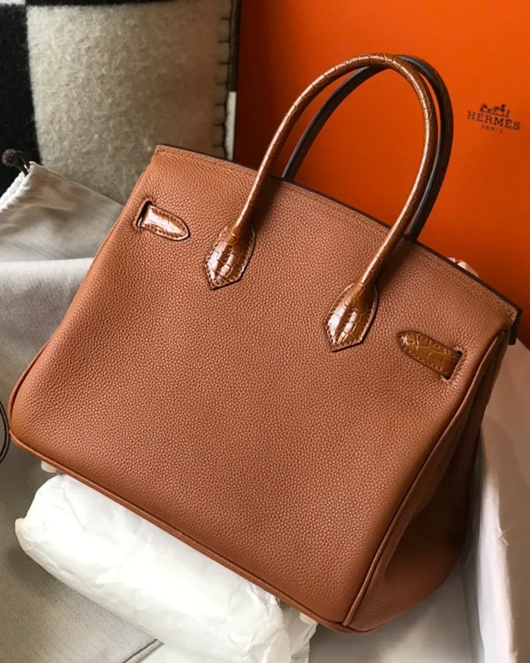 Birkin-Inspired 25 Gold Tan Mixed-Texture Tote, rear panel and twin handles