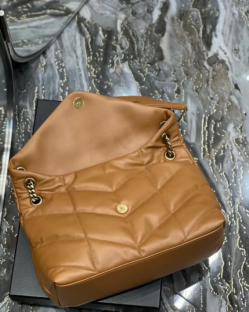 Caramel Quilted Chain Shoulder Bag — open flap view