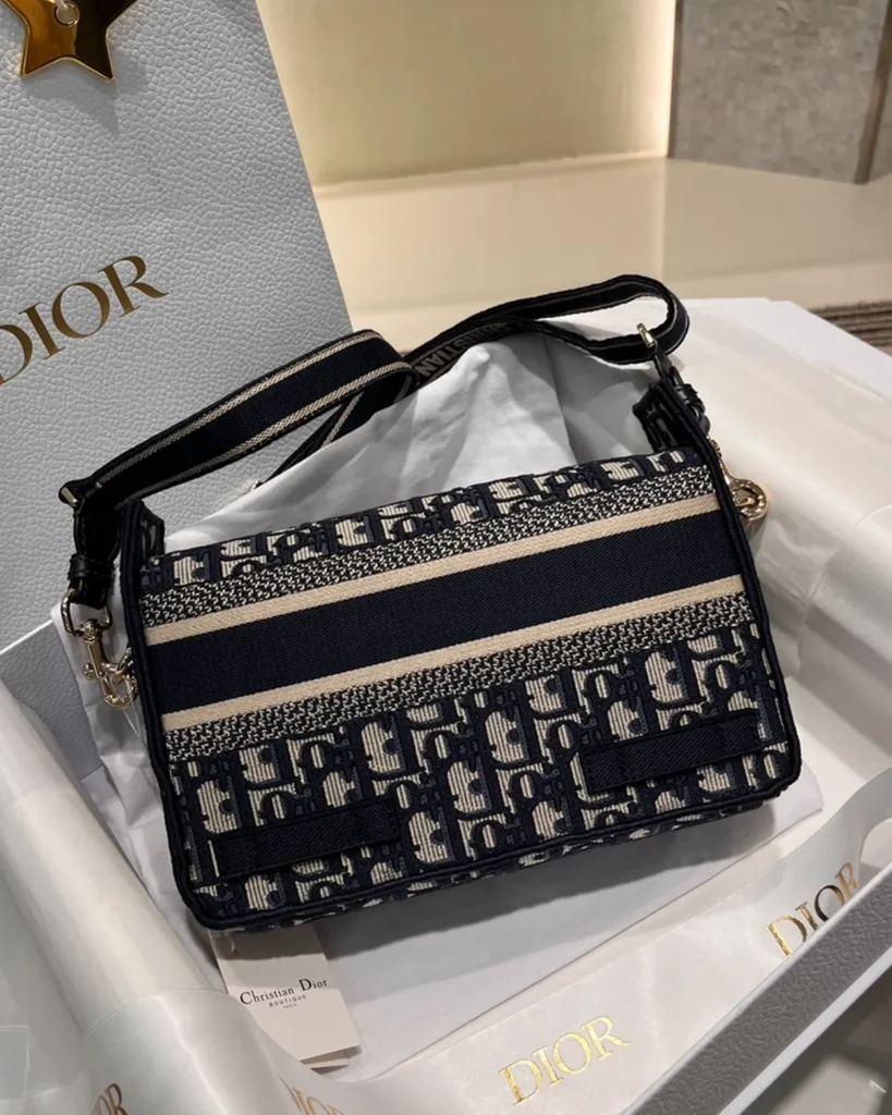 Navy Monogram Twin-Clasp Messenger Bag — rear view