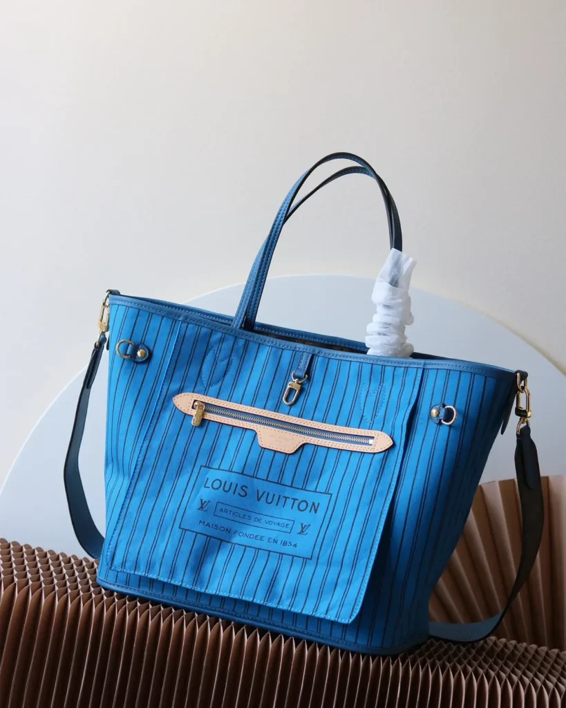 Blue Striped Reversible Monogram Tote — front view