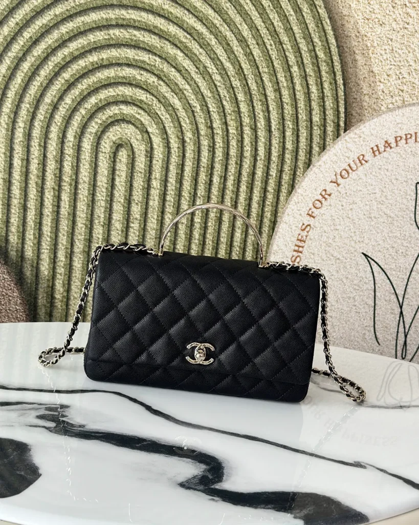 Black Quilted Metal-Handle Flap Bag — front view