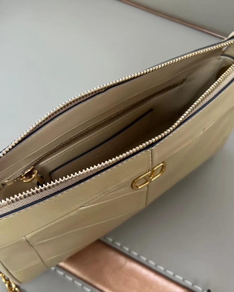 Beige Chevron Zip-Top Chain Bag — interior view