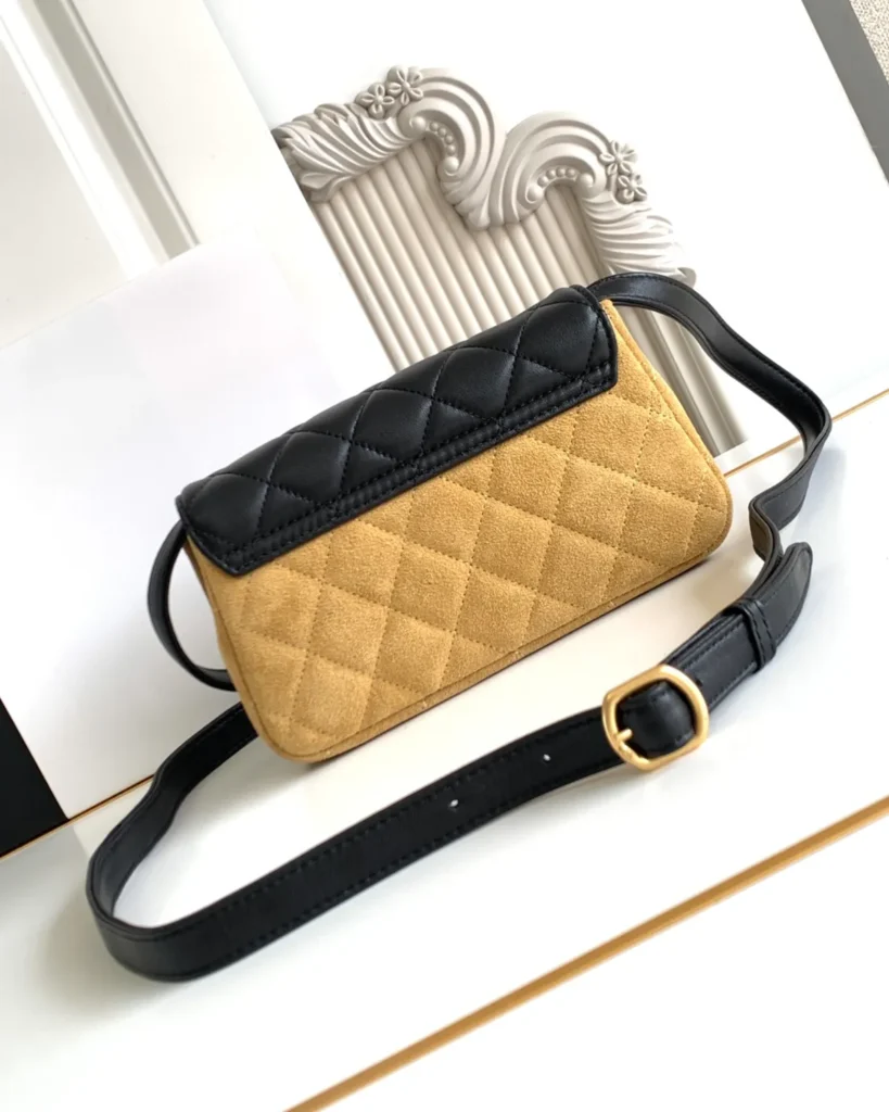 Tan and Black Quilted Flap Shoulder Bag — rear view