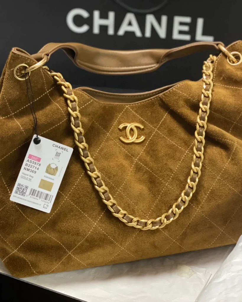 Brown Diamond-Stitched Chain Hobo Bag — close front view