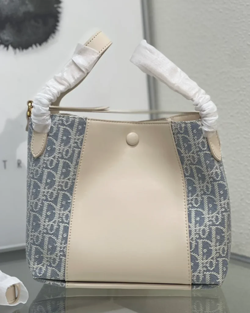 Cream and Blue Monogram Panel Tote — rear view
