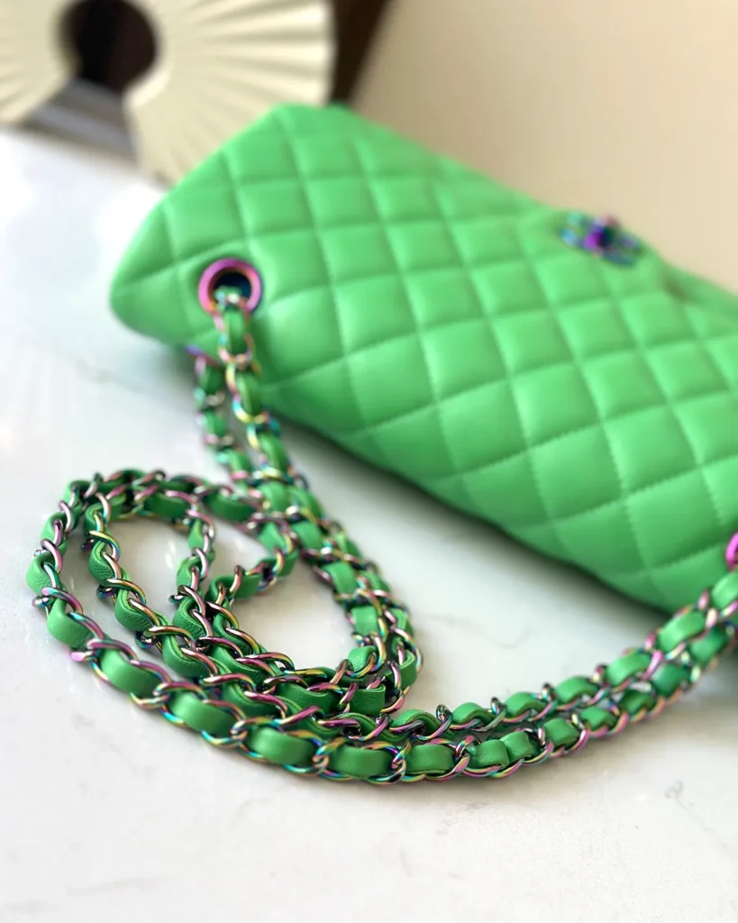 Bright Green Iridescent-Accent Flap Bag — chain detail view
