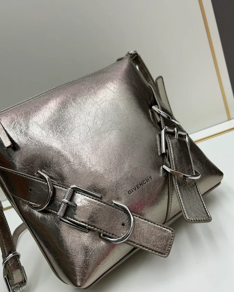 Metallic Silver Buckle Shoulder Bag — buckle detail view