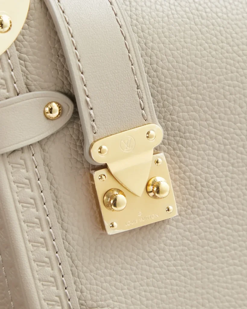 Taupe Corner-Plate Shoulder Bag — clasp view